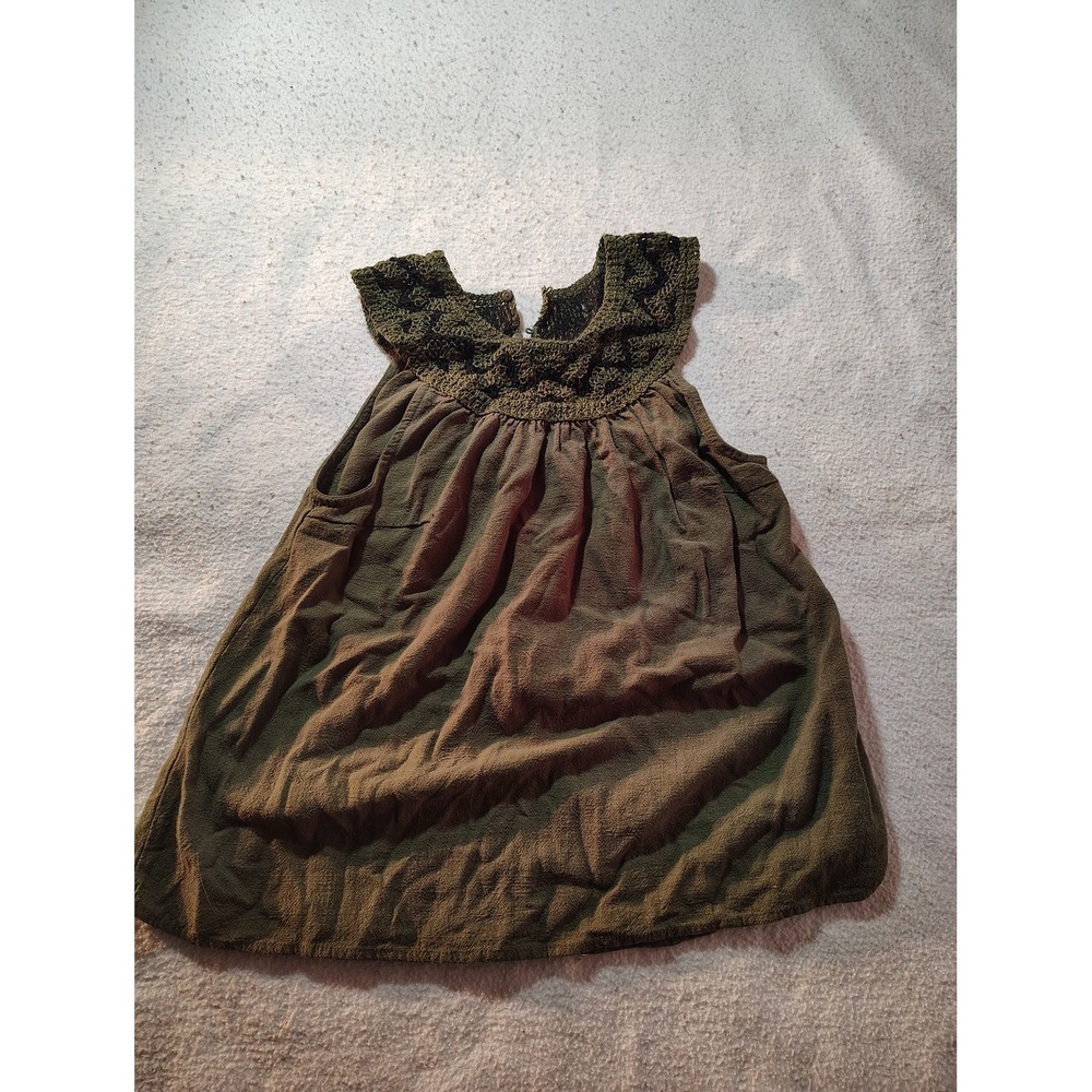Hazel Olive Green Crochet Lace Yoke Sleeveless Babydoll Top Rayon Linen Large